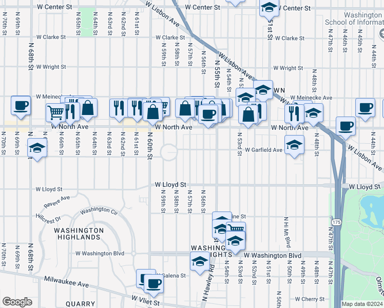 map of restaurants, bars, coffee shops, grocery stores, and more near 2188a North 57th Street in Milwaukee