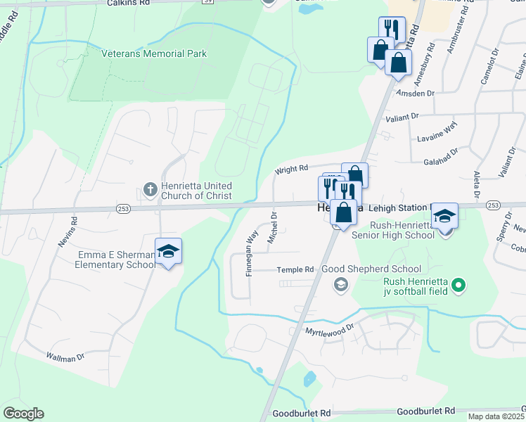 map of restaurants, bars, coffee shops, grocery stores, and more near 1543 Lehigh Station Road in Henrietta