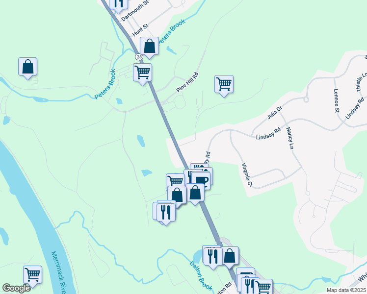 map of restaurants, bars, coffee shops, grocery stores, and more near 1 Oak Hill Road in Hooksett