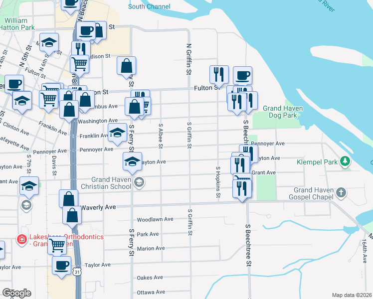 map of restaurants, bars, coffee shops, grocery stores, and more near 1250 Pennoyer Avenue in Grand Haven