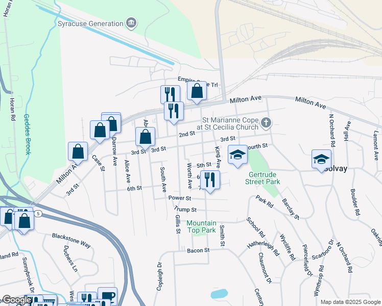 map of restaurants, bars, coffee shops, grocery stores, and more near 508 Fourth Street in Solvay