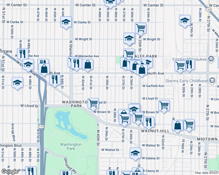 map of restaurants, bars, coffee shops, grocery stores, and more near 2167 North 38th Street in Milwaukee