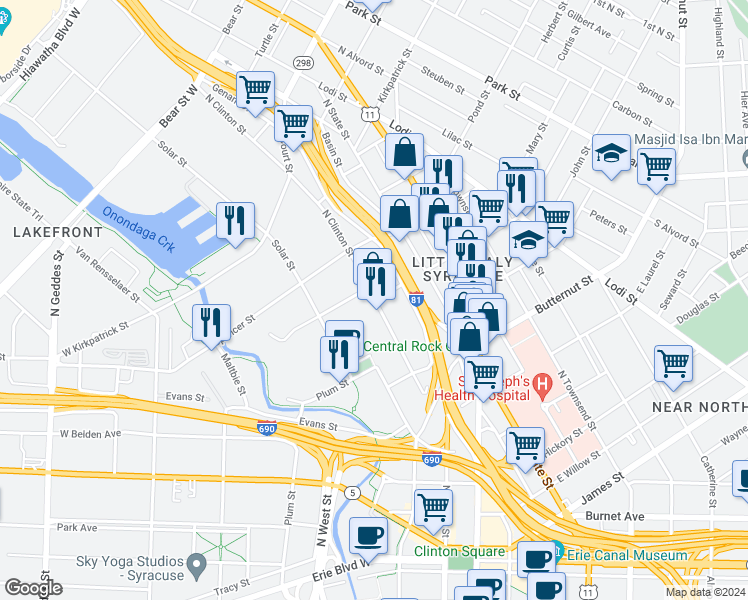map of restaurants, bars, coffee shops, grocery stores, and more near 689 North Clinton Street in Syracuse