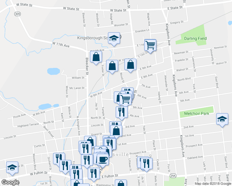 map of restaurants, bars, coffee shops, grocery stores, and more near 5 Early Avenue in Gloversville