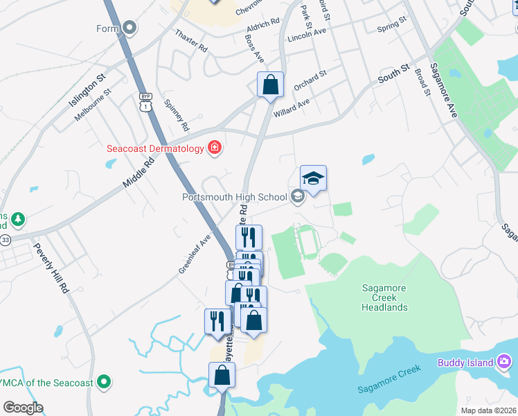 map of restaurants, bars, coffee shops, grocery stores, and more near 413 Lafayette Road in Portsmouth