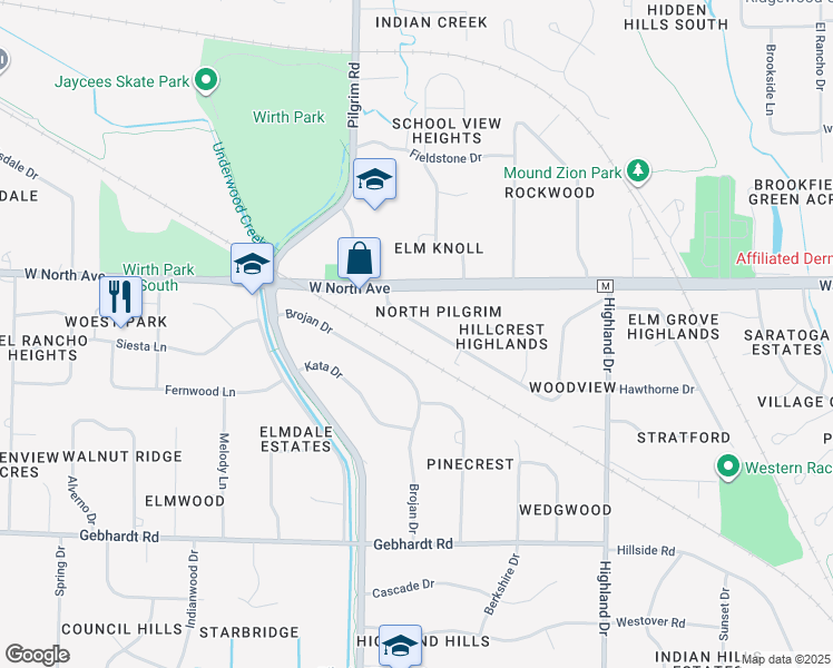 map of restaurants, bars, coffee shops, grocery stores, and more near 15315 Marilyn Drive in Elm Grove