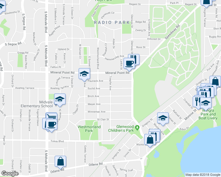 map of restaurants, bars, coffee shops, grocery stores, and more near 3999 Euclid Avenue in Madison