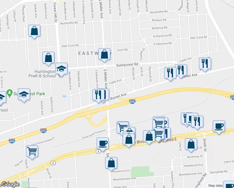 map of restaurants, bars, coffee shops, grocery stores, and more near 2401 Burnet Avenue in Syracuse
