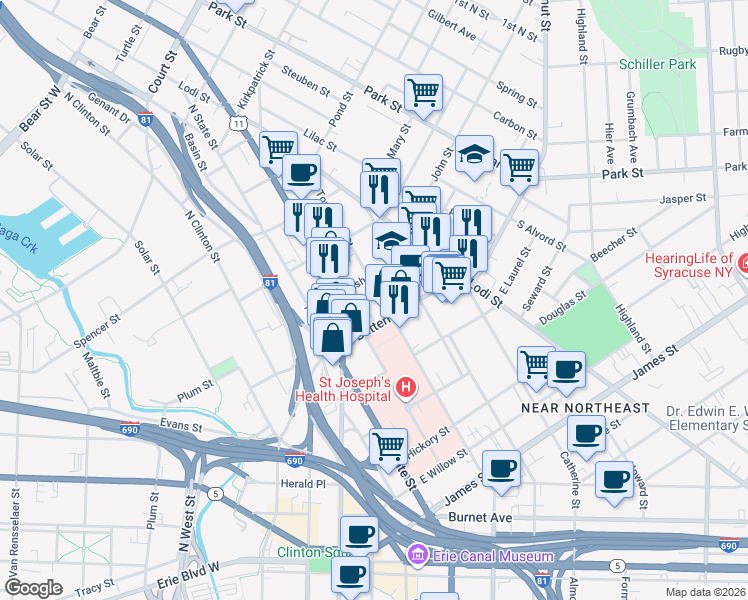 map of restaurants, bars, coffee shops, grocery stores, and more near 809 North Townsend Street in Syracuse