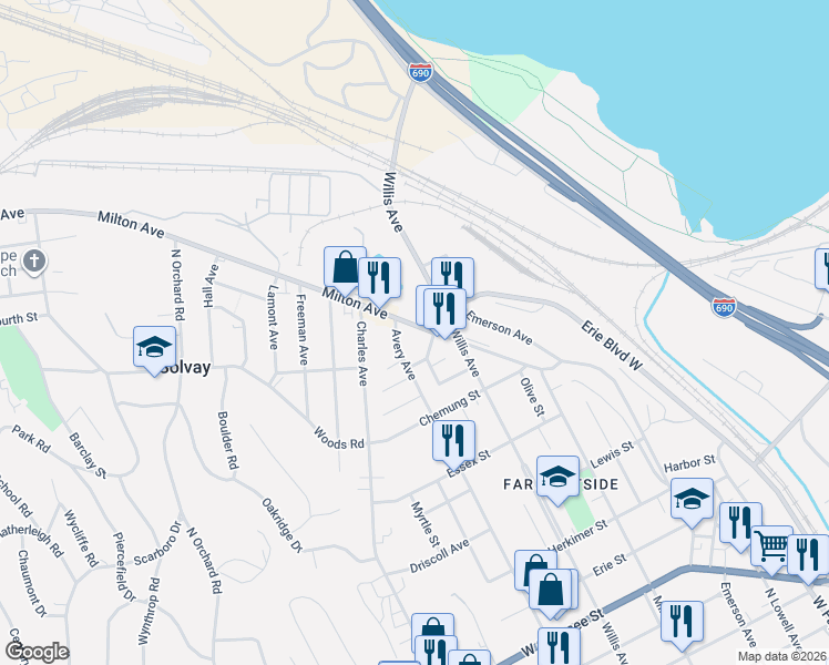 map of restaurants, bars, coffee shops, grocery stores, and more near 1219 Milton Avenue in Syracuse