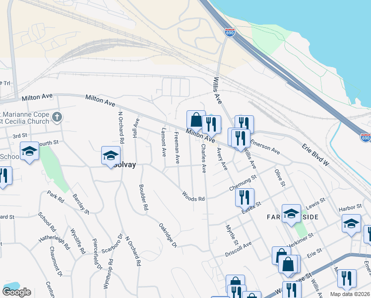 map of restaurants, bars, coffee shops, grocery stores, and more near 119 Caroline Avenue in Syracuse