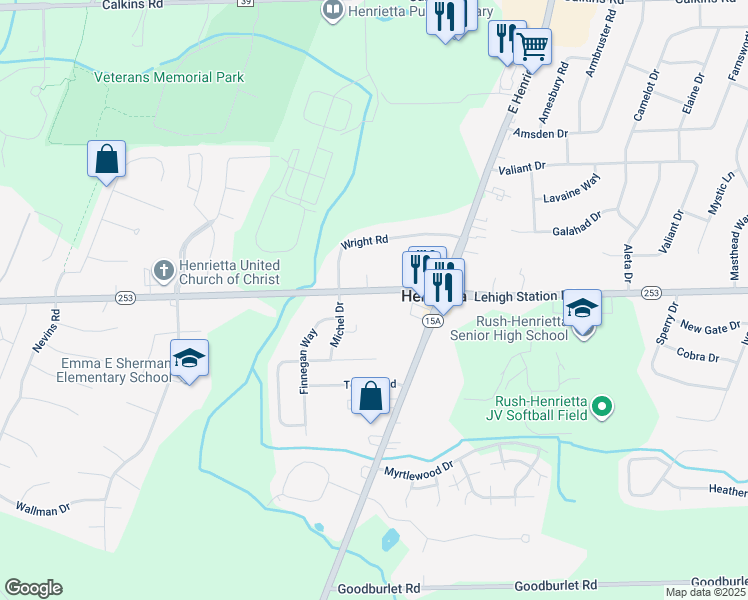 map of restaurants, bars, coffee shops, grocery stores, and more near 1571 Lehigh Station Road in Henrietta