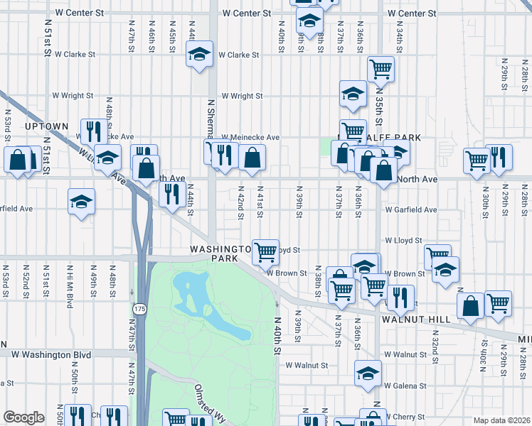 map of restaurants, bars, coffee shops, grocery stores, and more near 2168 North 41st Street in Milwaukee