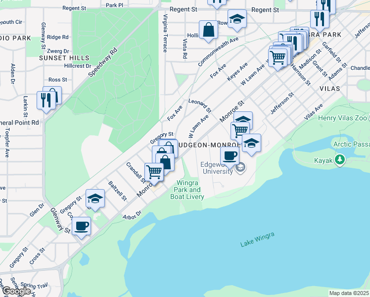 map of restaurants, bars, coffee shops, grocery stores, and more near 2553 Commonwealth Avenue in Madison
