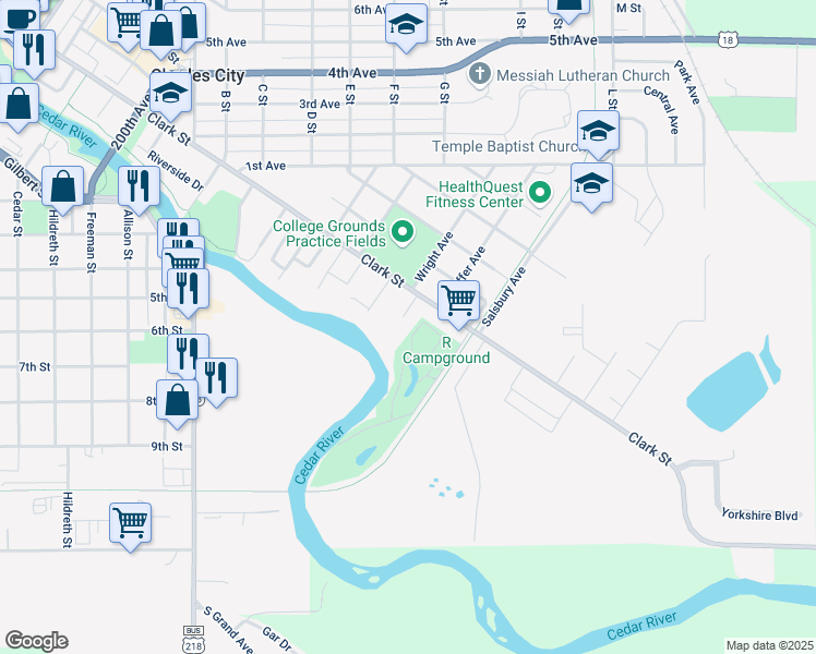 map of restaurants, bars, coffee shops, grocery stores, and more near 105 Bunn Avenue in Charles City
