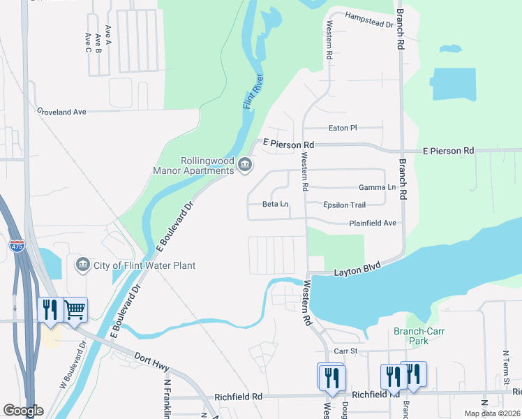 map of restaurants, bars, coffee shops, grocery stores, and more near 2416 Beta Lane in Flint