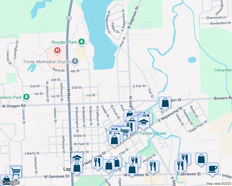 map of restaurants, bars, coffee shops, grocery stores, and more near 1065 Pine Street in Lapeer