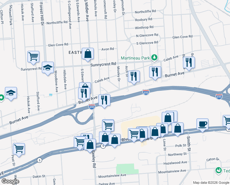 map of restaurants, bars, coffee shops, grocery stores, and more near 2510 Burnet Avenue in Syracuse