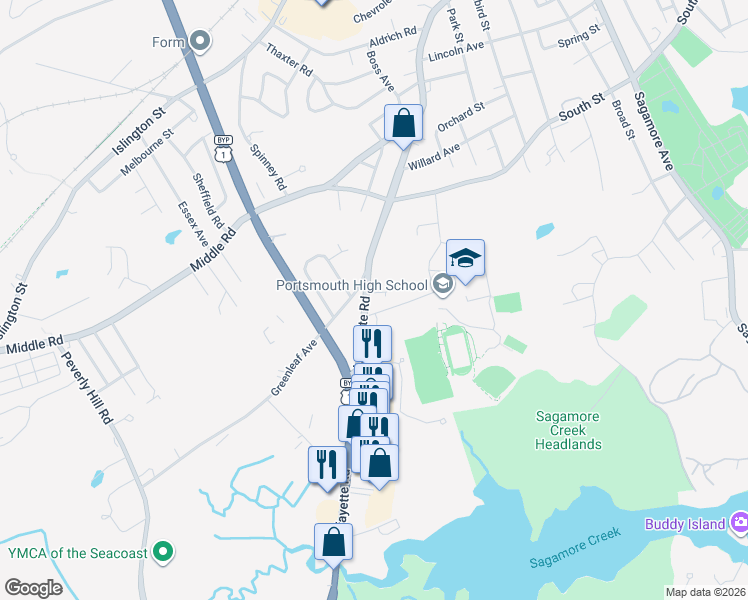 map of restaurants, bars, coffee shops, grocery stores, and more near 413 Lafayette Road in Portsmouth