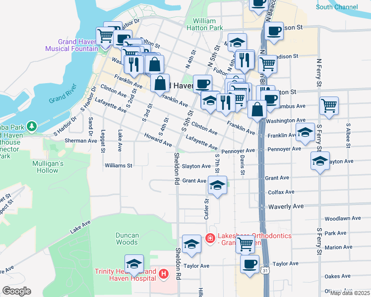 map of restaurants, bars, coffee shops, grocery stores, and more near 515 Howard Avenue in Grand Haven