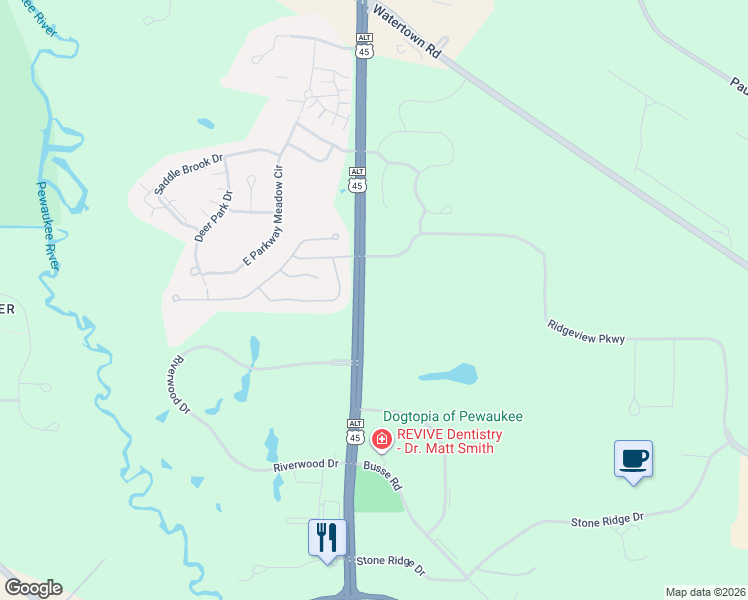 map of restaurants, bars, coffee shops, grocery stores, and more near N19 W23993 Ridgeview Parkway in Waukesha