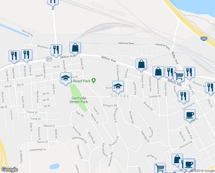 map of restaurants, bars, coffee shops, grocery stores, and more near 112 Russet Lane in Syracuse