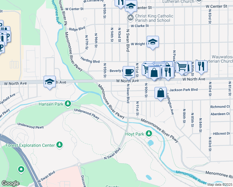 map of restaurants, bars, coffee shops, grocery stores, and more near 9315 Jackson Park Boulevard in Wauwatosa