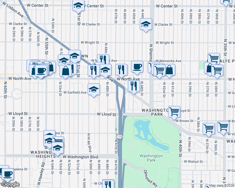 map of restaurants, bars, coffee shops, grocery stores, and more near 2190 North 47th Street in Milwaukee