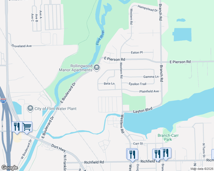 map of restaurants, bars, coffee shops, grocery stores, and more near 2416 Beta Lane in Flint