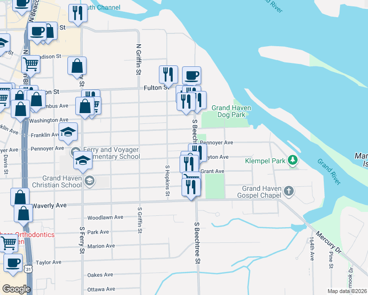map of restaurants, bars, coffee shops, grocery stores, and more near 1441 Slayton Avenue in Grand Haven