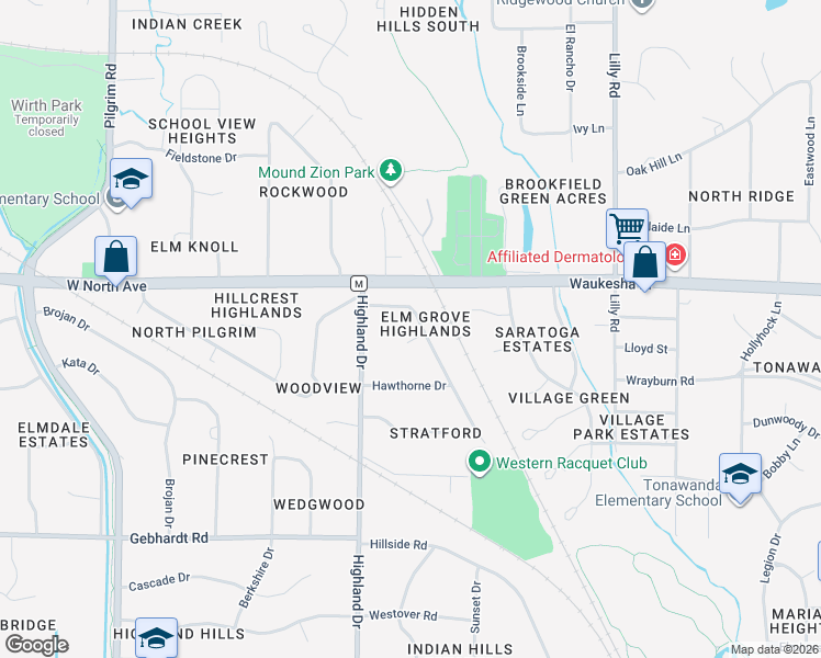 map of restaurants, bars, coffee shops, grocery stores, and more near 2095 Elm Tree Court in Elm Grove