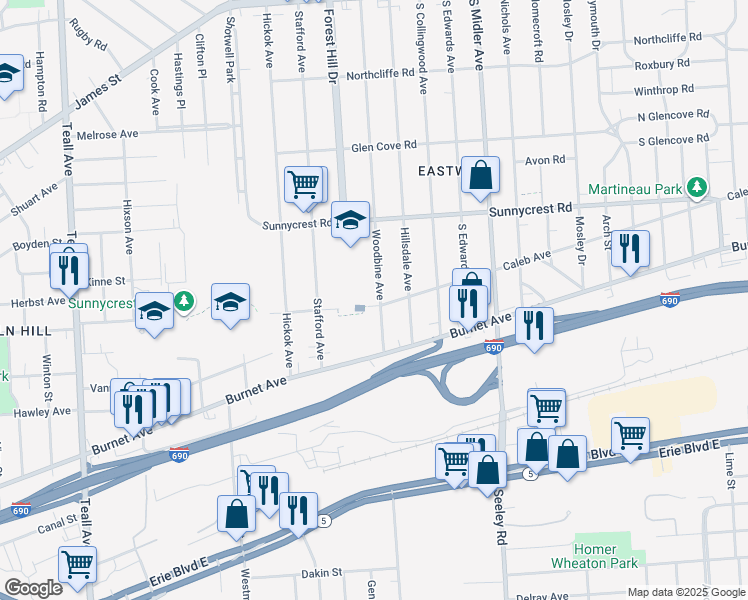 map of restaurants, bars, coffee shops, grocery stores, and more near 486 Woodbine Avenue in Syracuse
