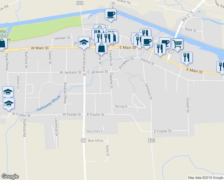 map of restaurants, bars, coffee shops, grocery stores, and more near 256 Fayette Street in Palmyra