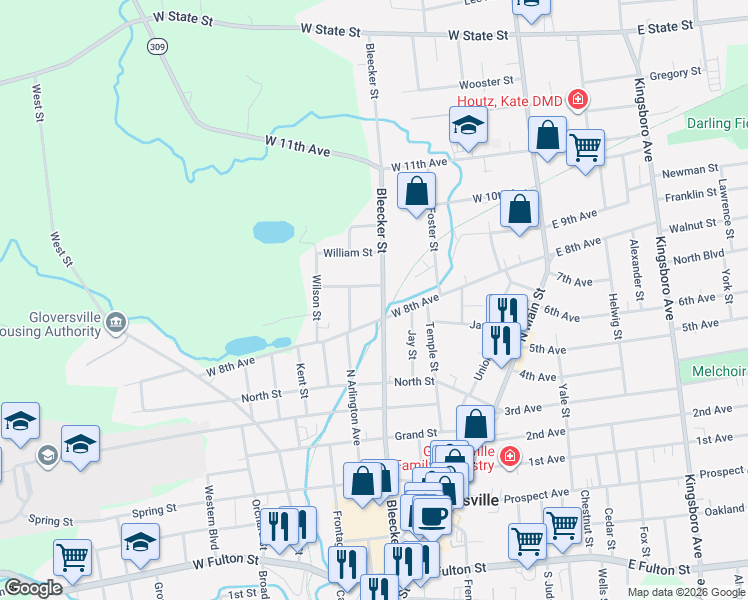 map of restaurants, bars, coffee shops, grocery stores, and more near 237 Bleecker St in Gloversville