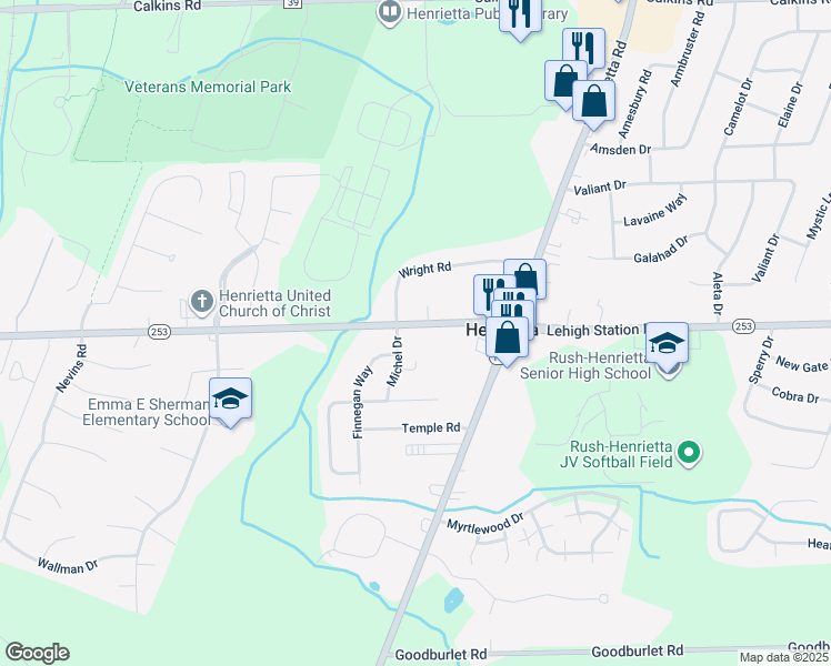 map of restaurants, bars, coffee shops, grocery stores, and more near 1571 Lehigh Station Rd in Henrietta