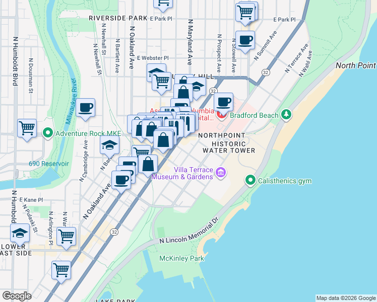 map of restaurants, bars, coffee shops, grocery stores, and more near 2243 North Summit Avenue in Milwaukee
