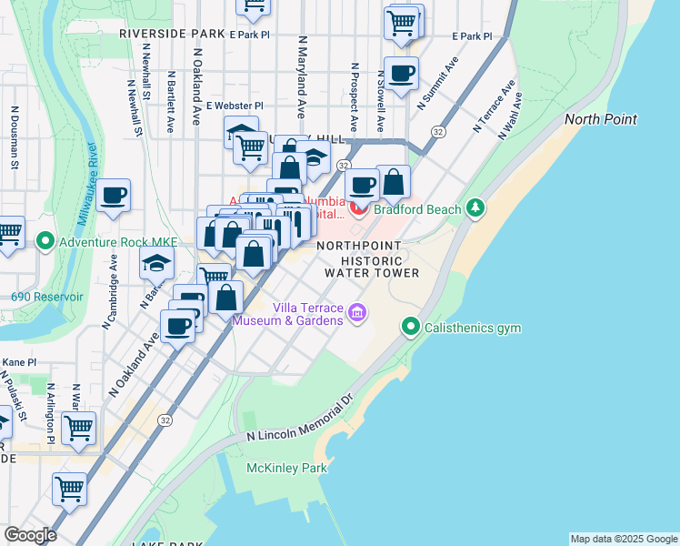 map of restaurants, bars, coffee shops, grocery stores, and more near East Wyoming Place in Milwaukee