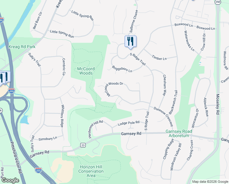 map of restaurants, bars, coffee shops, grocery stores, and more near 28 Mccoord Woods Drive in Fairport