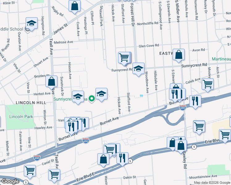 map of restaurants, bars, coffee shops, grocery stores, and more near 201 Caleb Avenue in Syracuse