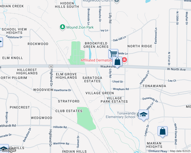 map of restaurants, bars, coffee shops, grocery stores, and more near 2115 Underwood Pkwy in Elm Grove