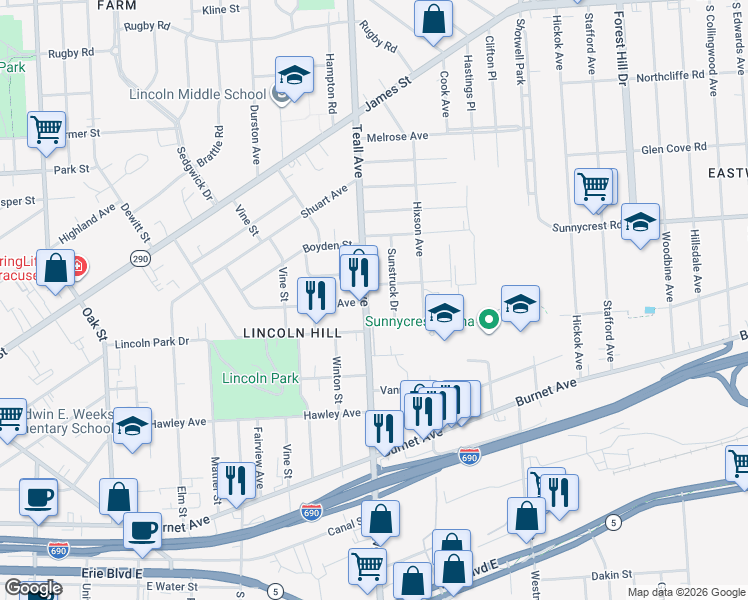map of restaurants, bars, coffee shops, grocery stores, and more near 822 Teall Avenue in Syracuse