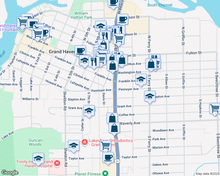 map of restaurants, bars, coffee shops, grocery stores, and more near 825 Pennoyer Avenue in Grand Haven
