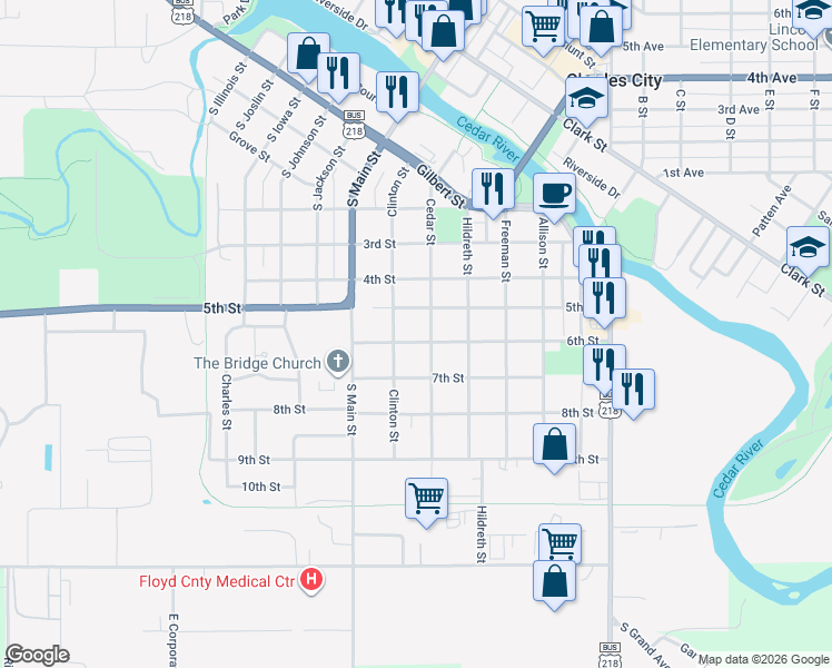 map of restaurants, bars, coffee shops, grocery stores, and more near 603-699 6th Street in Charles City