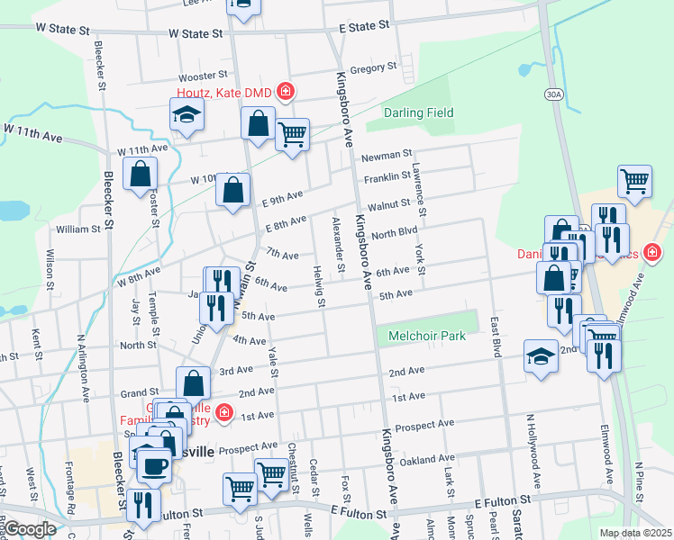 map of restaurants, bars, coffee shops, grocery stores, and more near 5 Alexander Street in Gloversville