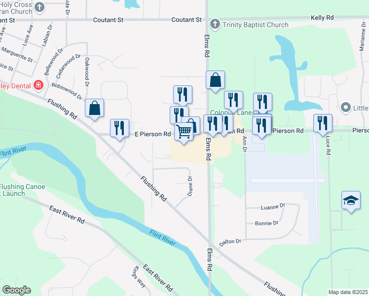 map of restaurants, bars, coffee shops, grocery stores, and more near 1542 East Pierson Road in Flushing