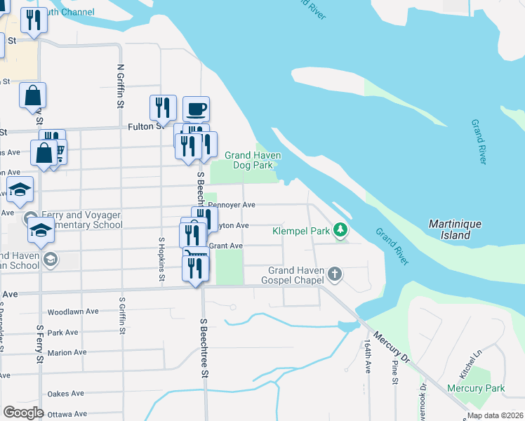map of restaurants, bars, coffee shops, grocery stores, and more near 1628 Pennoyer Avenue in Grand Haven
