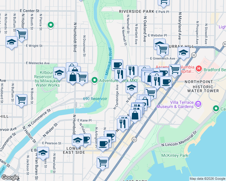 map of restaurants, bars, coffee shops, grocery stores, and more near 2077 North Cambridge Avenue in Milwaukee