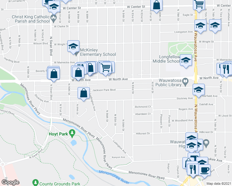 map of restaurants, bars, coffee shops, grocery stores, and more near 8435 Jackson Park Boulevard in Wauwatosa