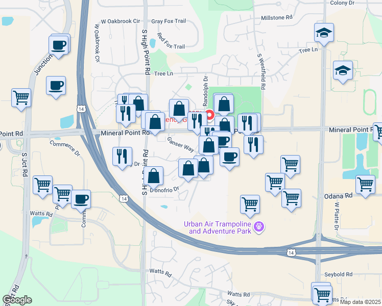 map of restaurants, bars, coffee shops, grocery stores, and more near 414 D'onofrio Drive in Madison