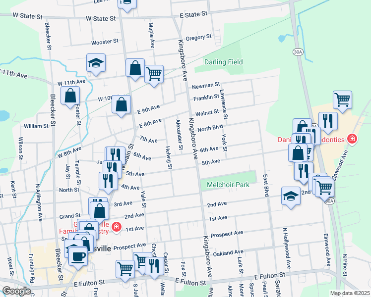 map of restaurants, bars, coffee shops, grocery stores, and more near 67 6th Avenue in Gloversville